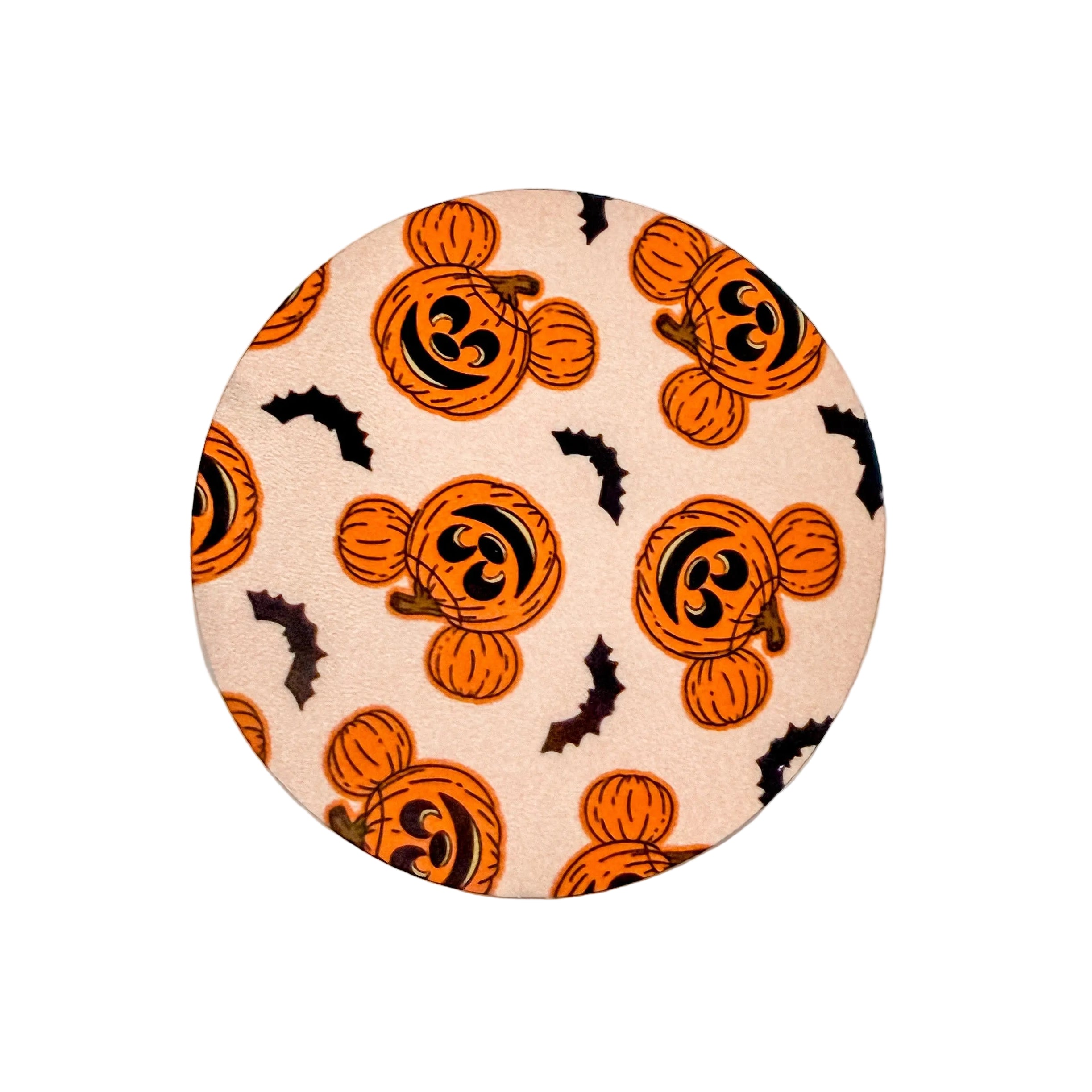 Pumpkin Mouse Halloween hard board add-on featuring smiling pumpkin mouse faces and bats, compatible with interchangeable badge reel bases for spooky season.