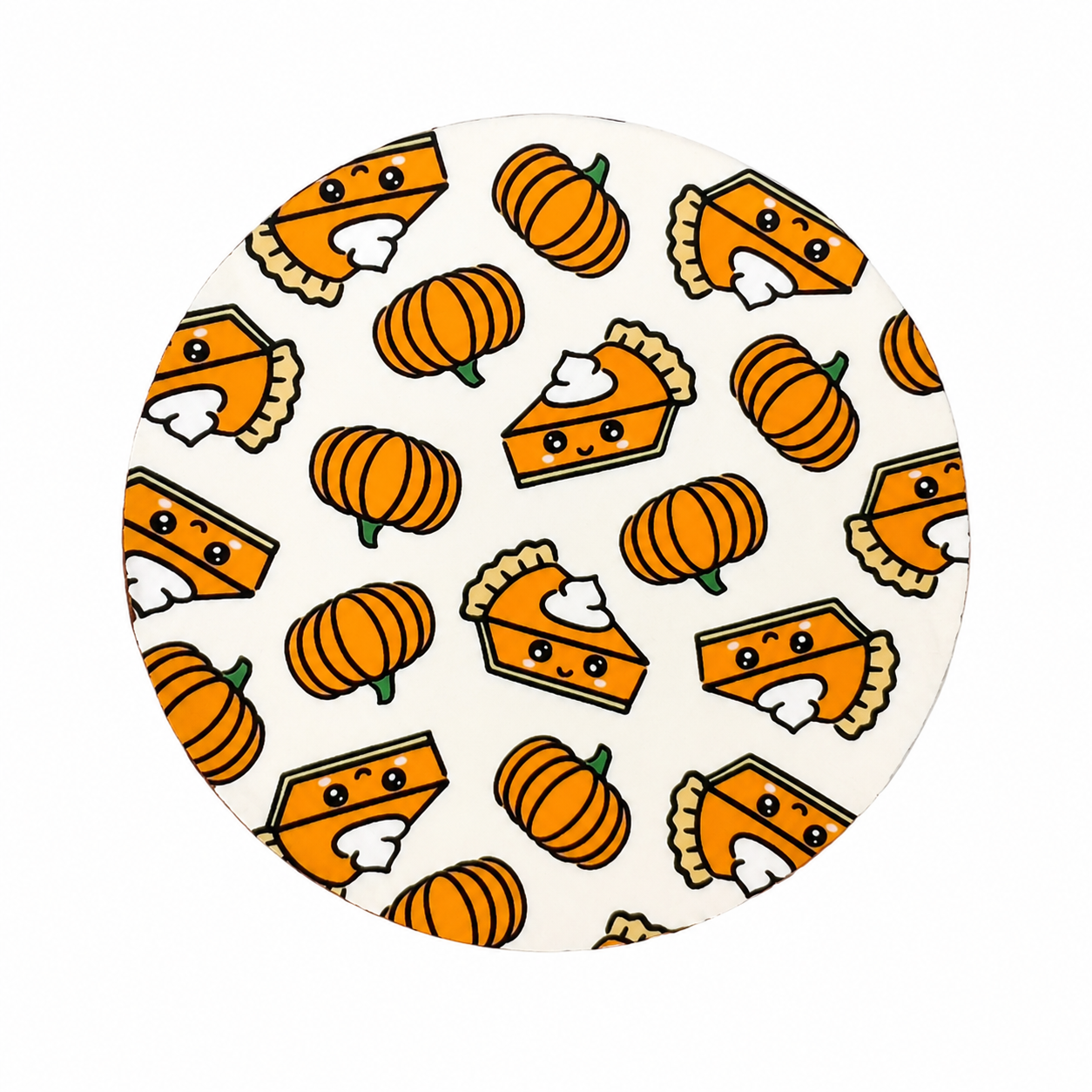 Pumpkin pie Halloween hard board add-on with smiling pie slices and orange pumpkins, compatible with interchangeable badge reel bases for a cute fall work badge accessory.