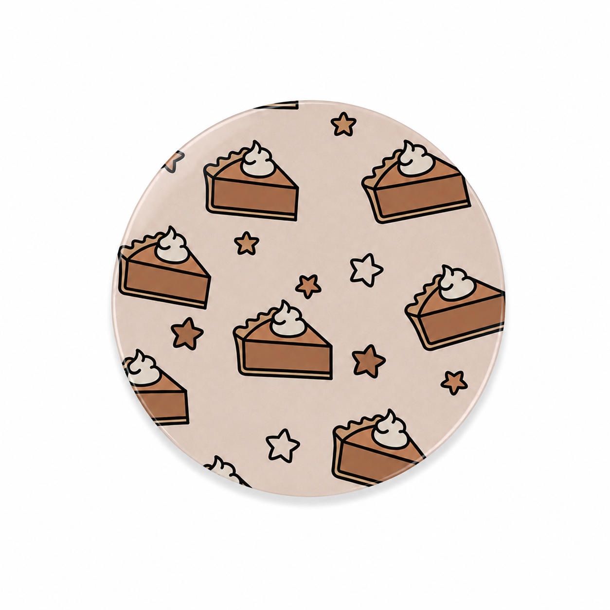 Pumpkin Pie hard board add-on featuring whipped-cream-topped pie slices and scattered stars on a peach background, compatible with interchangeable badge reel bases.