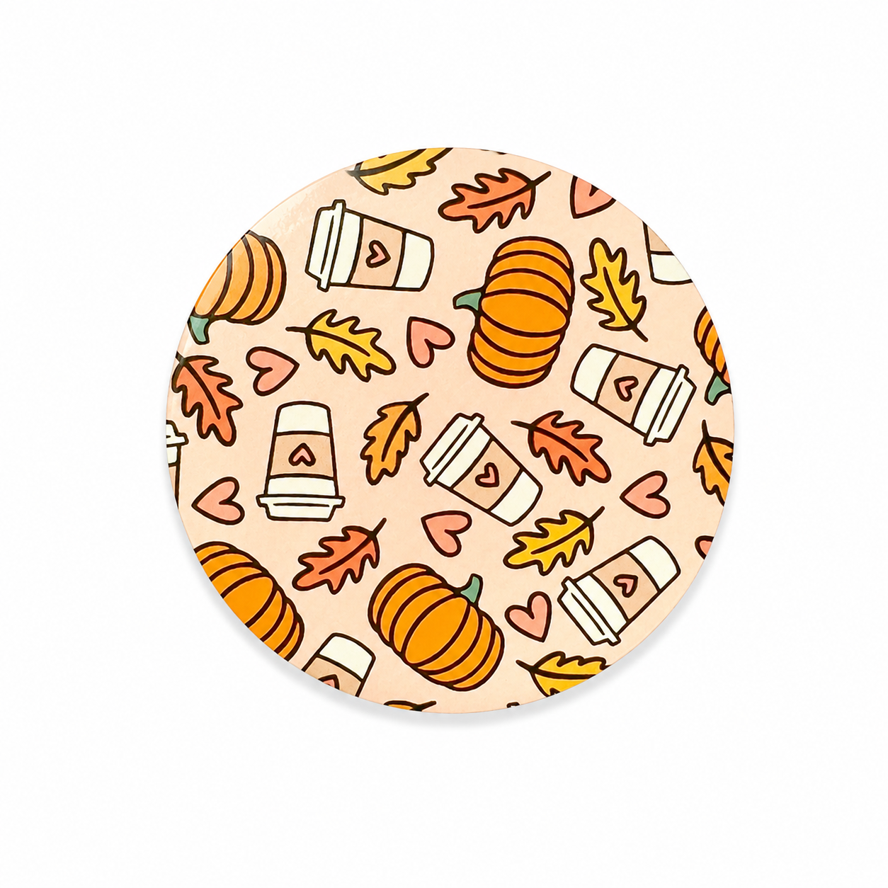 Pumpkin Spice hard board add-on featuring takeaway coffee cups, orange pumpkins, autumn leaves, and hearts, compatible with interchangeable badge reel bases.