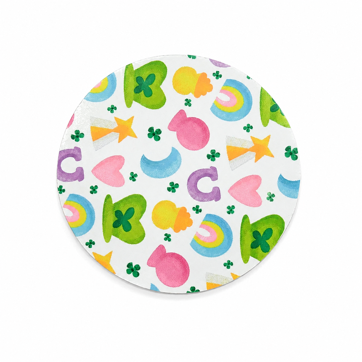Lucky charms hard board add-on featuring rainbows, clovers, moons, hearts, shooting stars, balloons, and green hats, compatible with interchangeable badge reel bases.