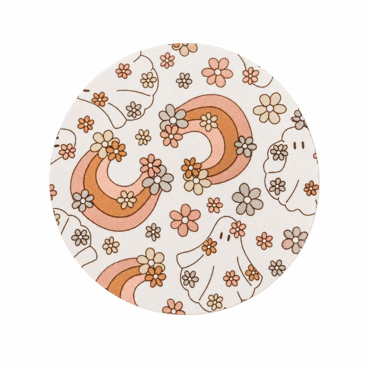 Boho Rainbow Ghost hard board add-on featuring neutral rainbows, cute ghosts, and floral accents on a white background, compatible with interchangeable badge reel bases.