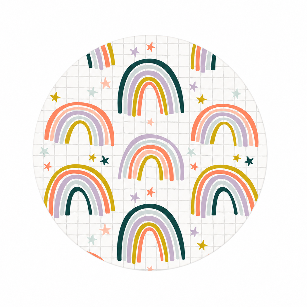Pastel Rainbow hard board add-on featuring colorful rainbows, stars, and a soft grid background, compatible with interchangeable badge reel bases.