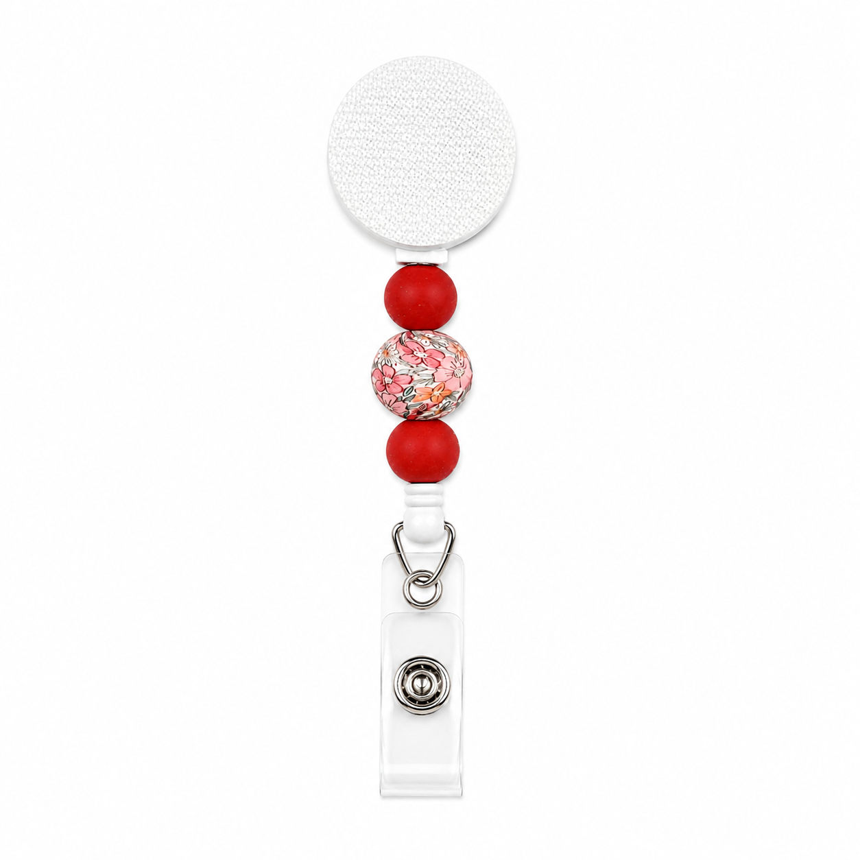 Raspberry floral beaded badge reel with pink floral printed accent bead, raspberry red silicone beads, and a white retractable badge reel for everyday work.