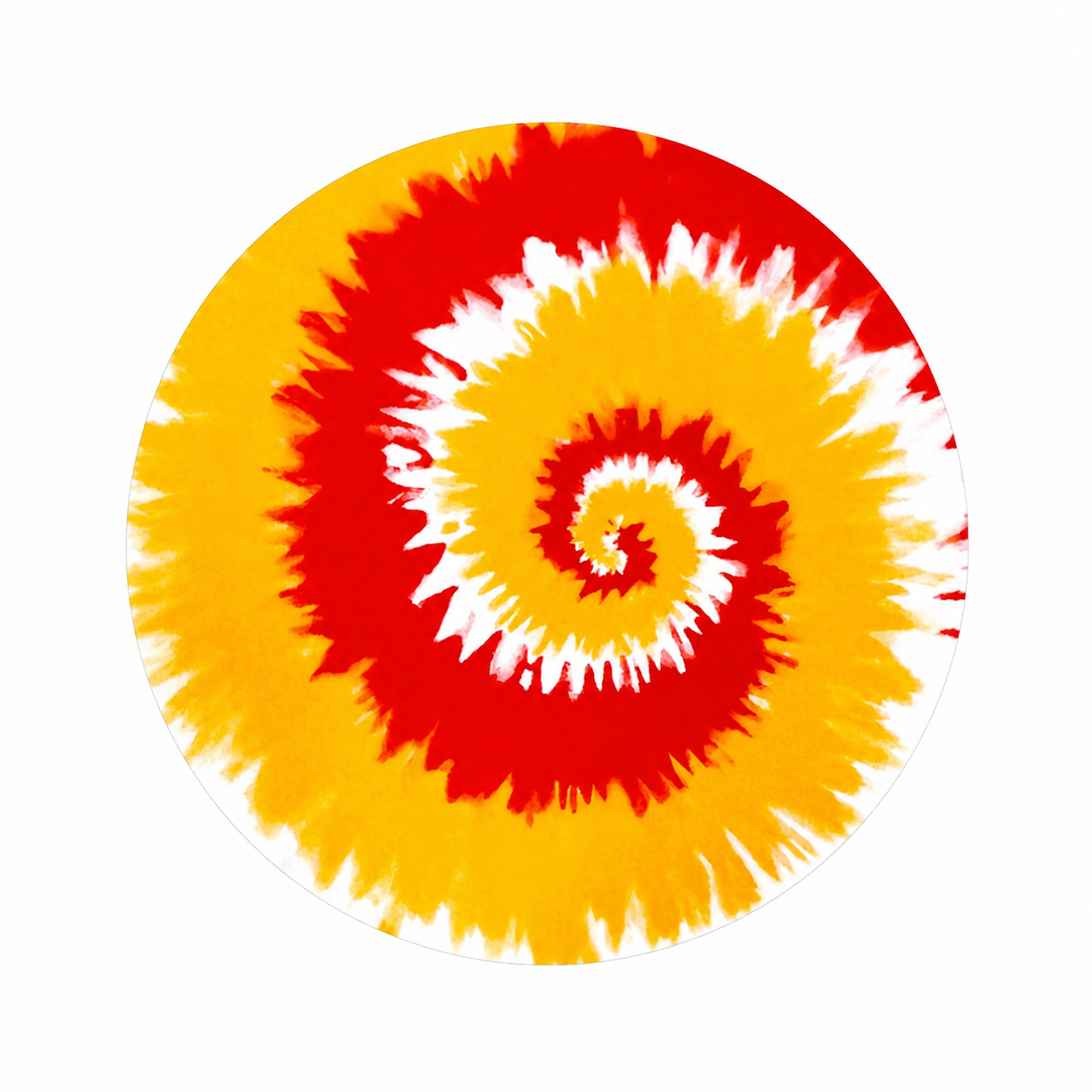 Red & Yellow Tie Dye hard board add-on featuring a bold spiral tie-dye pattern in red, yellow, and white, compatible with interchangeable badge reel bases.