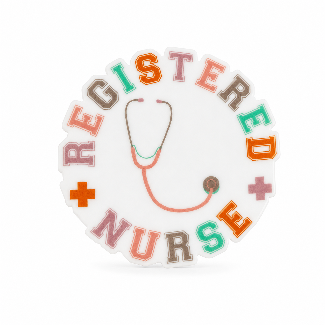 REGISTERED NURSE plastic add-on with pastel lettering and stethoscope design, compatible with interchangeable badge reel bases for an RN accessory.