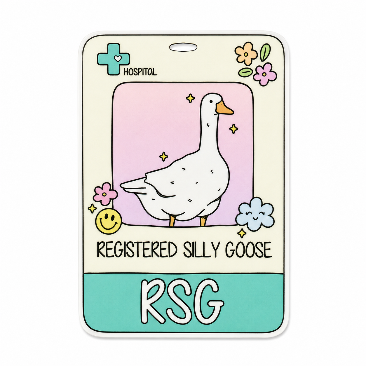 REGISTERED SILLY GOOSE RSG plastic add-on featuring a cute goose on a hospital badge design, compatible with interchangeable badge reel bases and ideal for healthcare workers.
