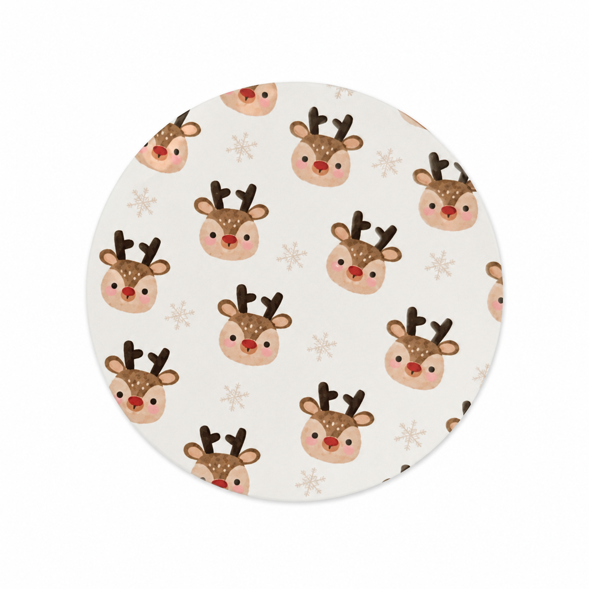 Reindeer hard board add-on featuring smiling reindeer with rosy cheeks, dark antlers, and snowflakes, compatible with interchangeable badge reel bases.