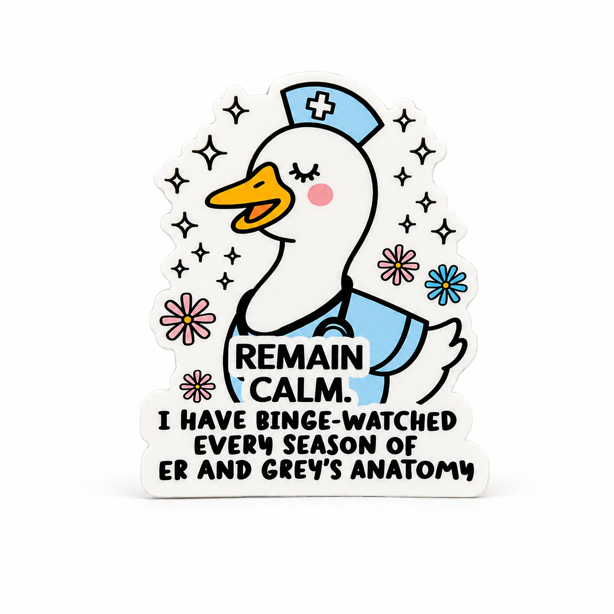 Cute nurse duck plastic badge reel add-on with Remain Calm quote and colorful floral design.