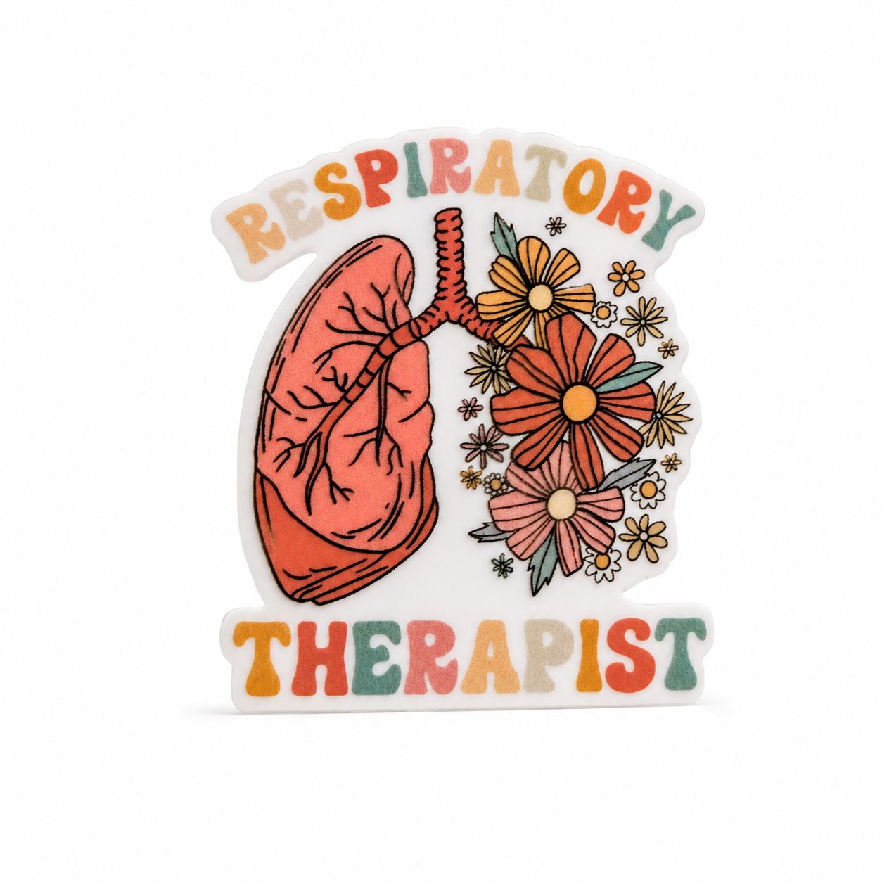 RESPIRATORY THERAPIST plastic add-on with illustrated lungs, trachea, and colorful flowers, compatible with interchangeable badge reel bases.