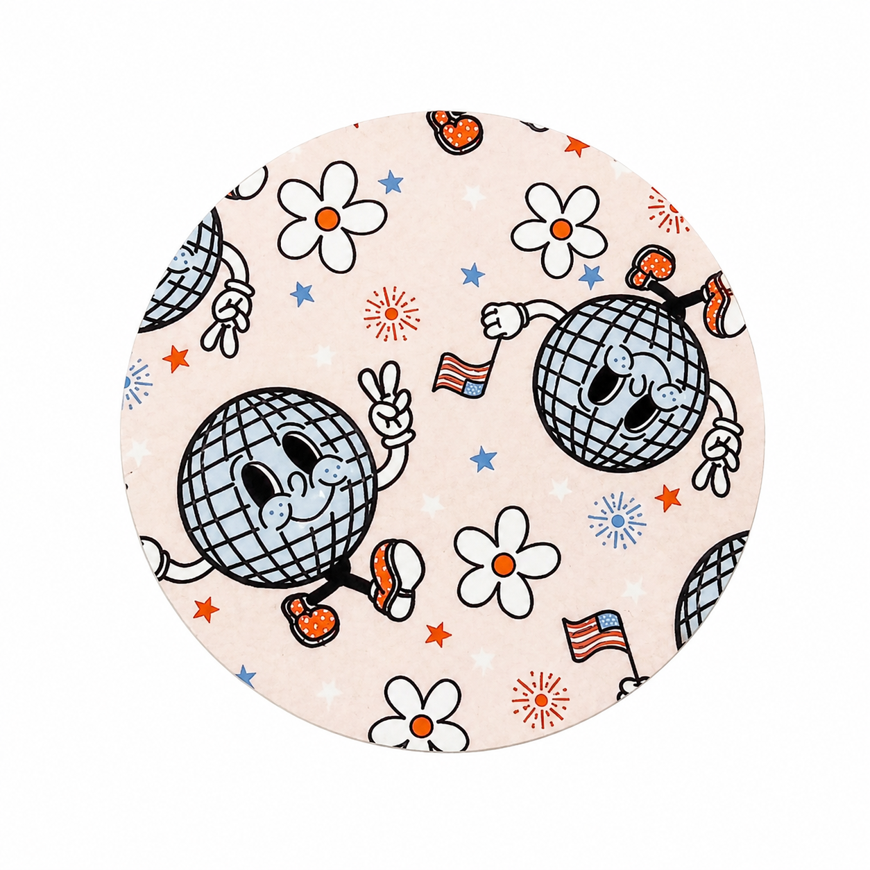 Retro 4th of July hard board add-on featuring smiling disco balls, American flags, bows, daisies, cherries, and fireworks, compatible with interchangeable badge reel bases.