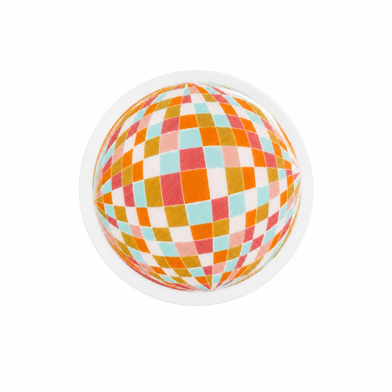 Retro discoball plastic add-on with a colorful geometric pattern in coral, aqua, pink, mustard, and white, compatible with interchangeable badge reel bases.