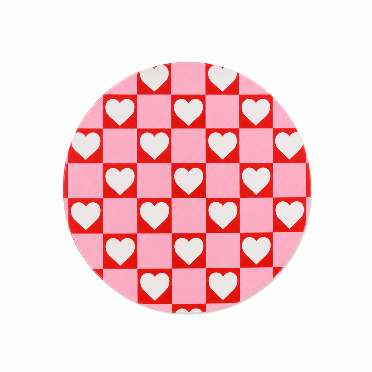 Pink and red checkerboard hard board add-on featuring white hearts, compatible with interchangeable badge reel bases for Valentine lovers and retro style fans.