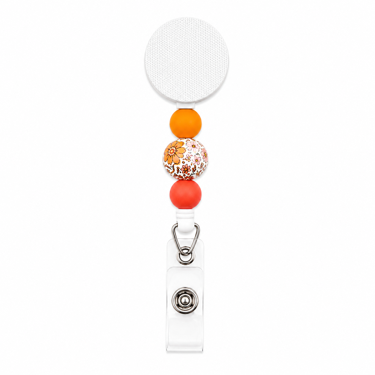 Retro medical floral beaded badge reel with orange silicone beads and a printed accent bead featuring flowers and healthcare icons on a white retractable badge reel.