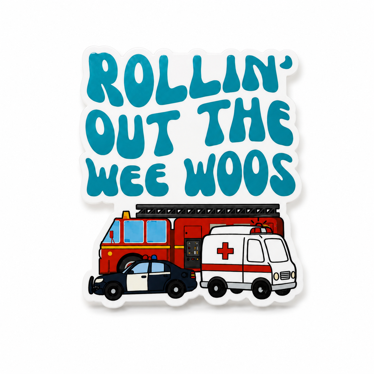 Rollin' Out The Wee Woos plastic add-on featuring a fire truck, ambulance, and police car, compatible with interchangeable badge reel bases for first responders.