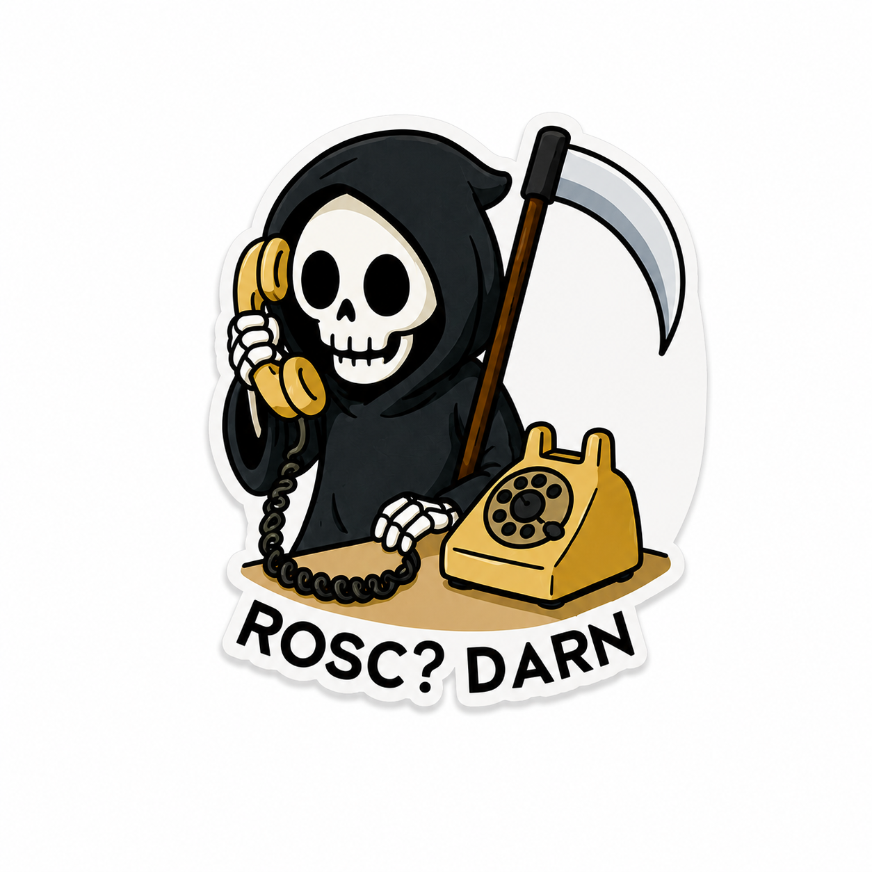ROSC? Darn plastic add-on with grim reaper phone design, made as a funny dark humor ER and ICU work accessory compatible with interchangeable badge reel bases