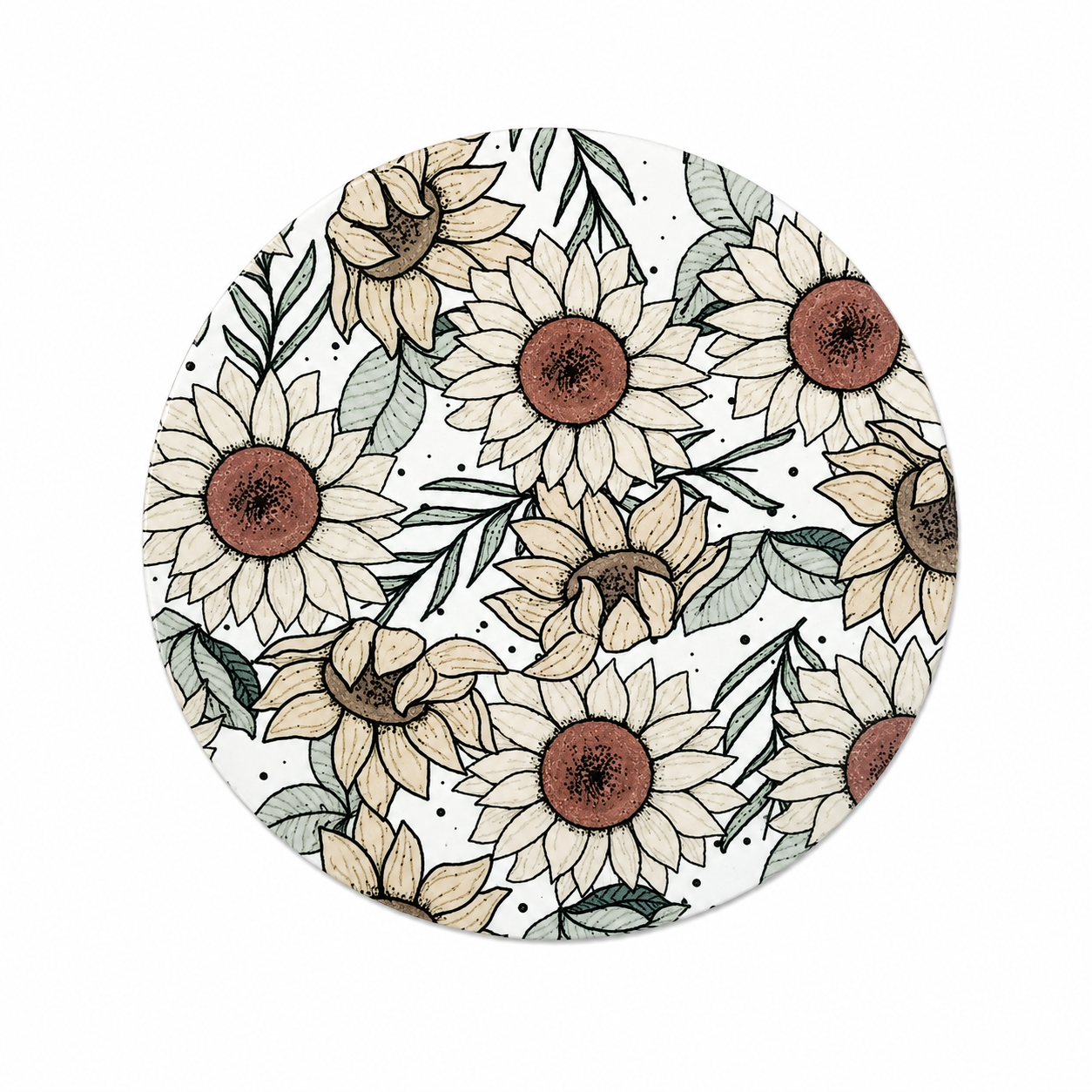 Vintage sunflower hard board add-on featuring a neutral botanical sunflower pattern with leafy accents. Compatible with interchangeable badge reel bases and perfect as a floral badge topper.