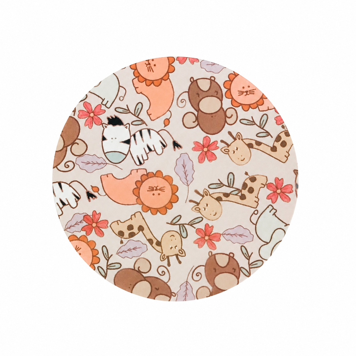 Safari-themed hard board add-on featuring cute baby jungle animals, flowers, and leaves, compatible with interchangeable badge reel bases. Ideal pediatric work badge accessory.