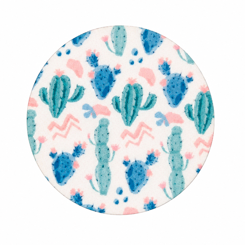 Sage cactus hard board add-on featuring a pastel cactus and desert pattern, compatible with interchangeable badge reel bases for a cute boho work accessory.