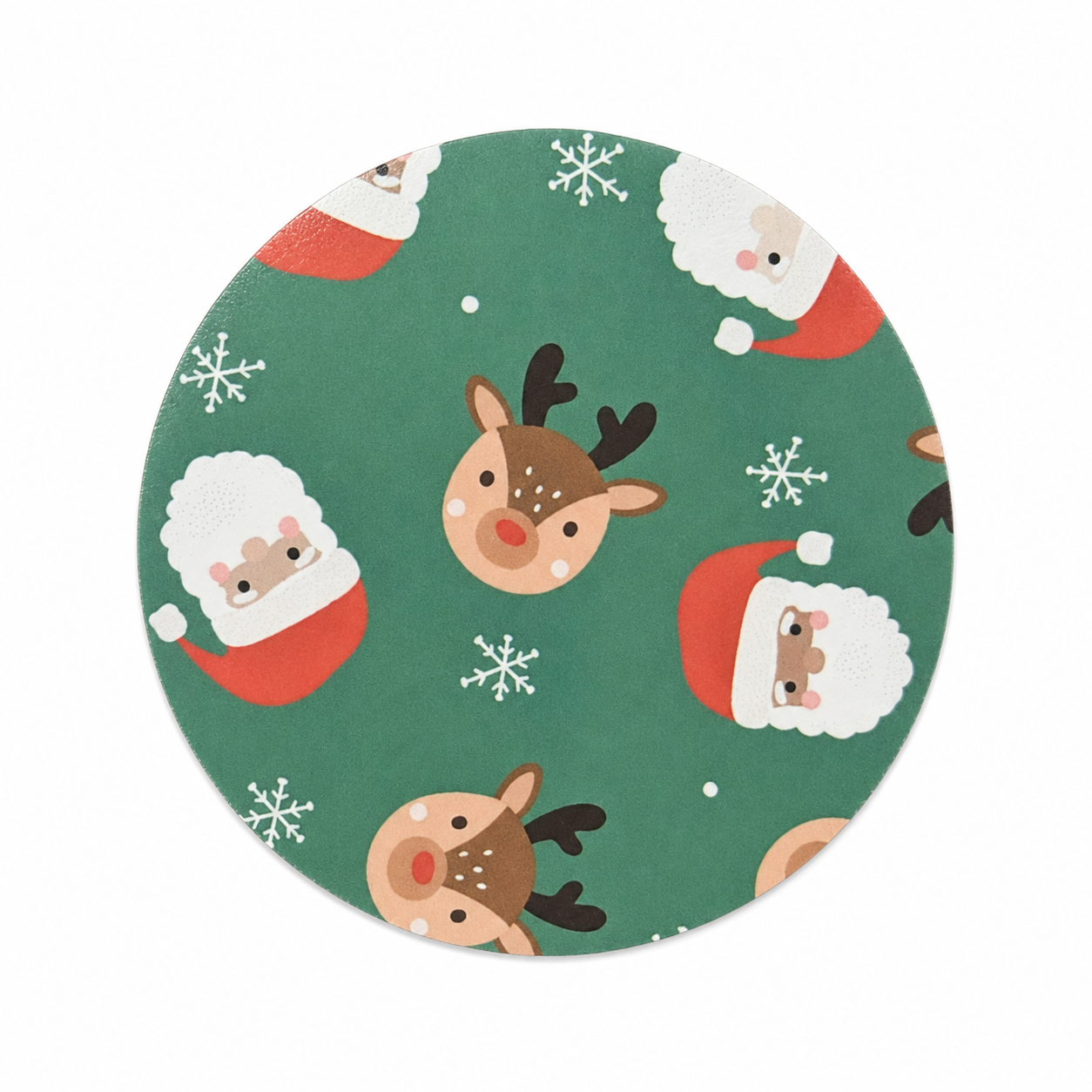Santa and reindeer Christmas hard board add-on featuring cute Santa faces, red-nosed reindeer, and snowflakes on green, compatible with interchangeable badge reel bases.
