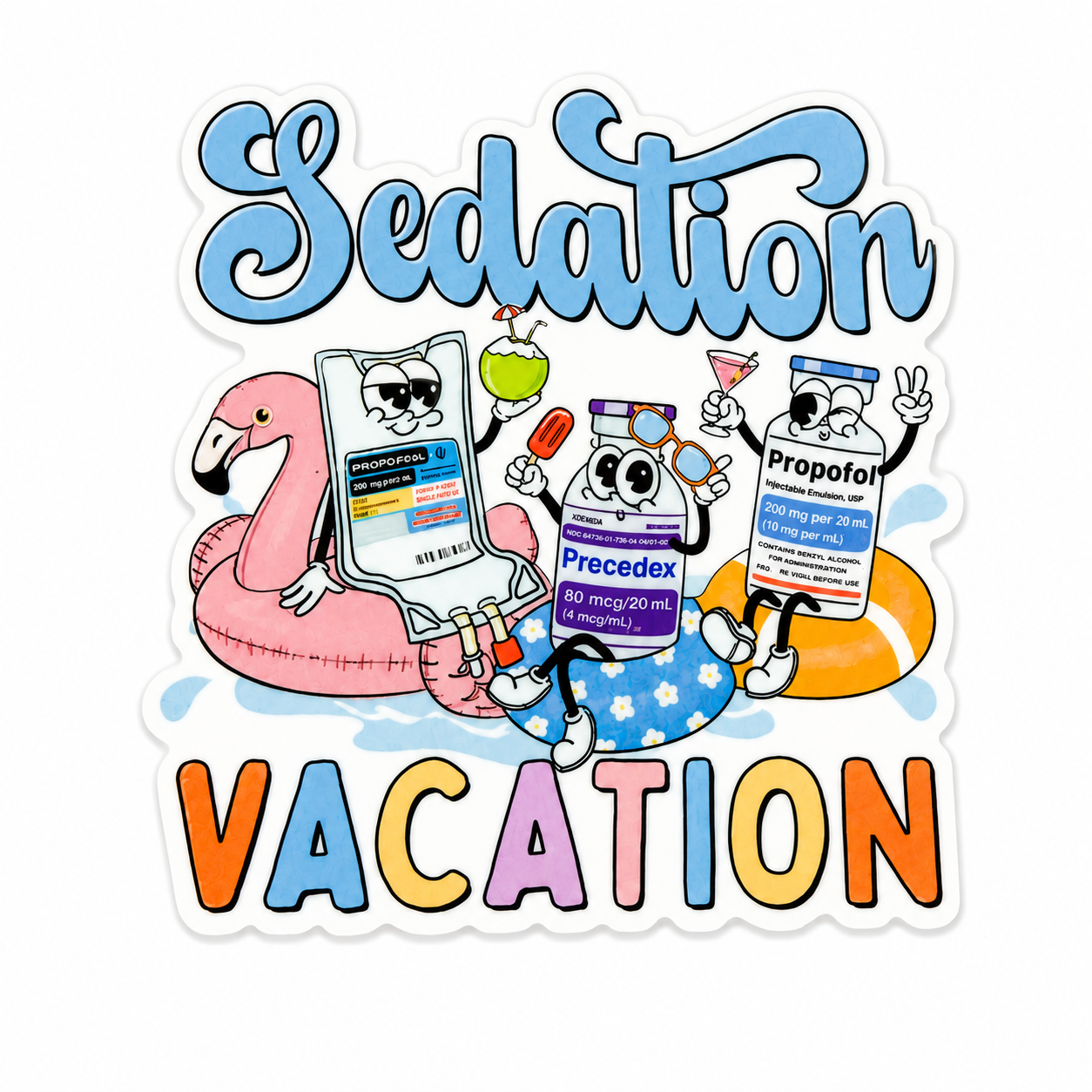 Sedation Vacation plastic add-on featuring Propofol and Precedex characters with pool float and vacation theme, compatible with interchangeable badge reel bases for healthcare workers.