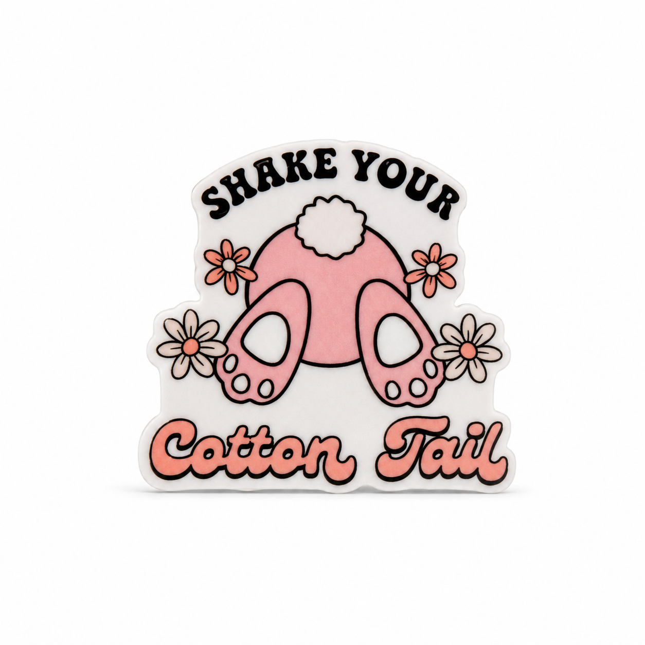 SHAKE YOUR Cotton Tail plastic add-on with pink bunny tail, bunny feet, and flowers, compatible with interchangeable badge reel bases for an Easter bunny accessory.