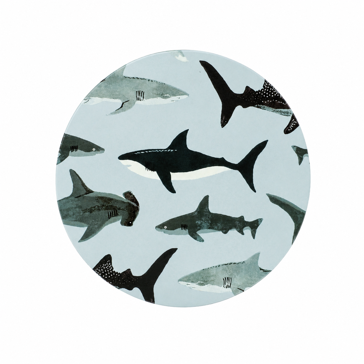 Shark pattern hard board add-on featuring orcas, hammerhead sharks, great white sharks, and marine life, compatible with interchangeable badge reel bases.