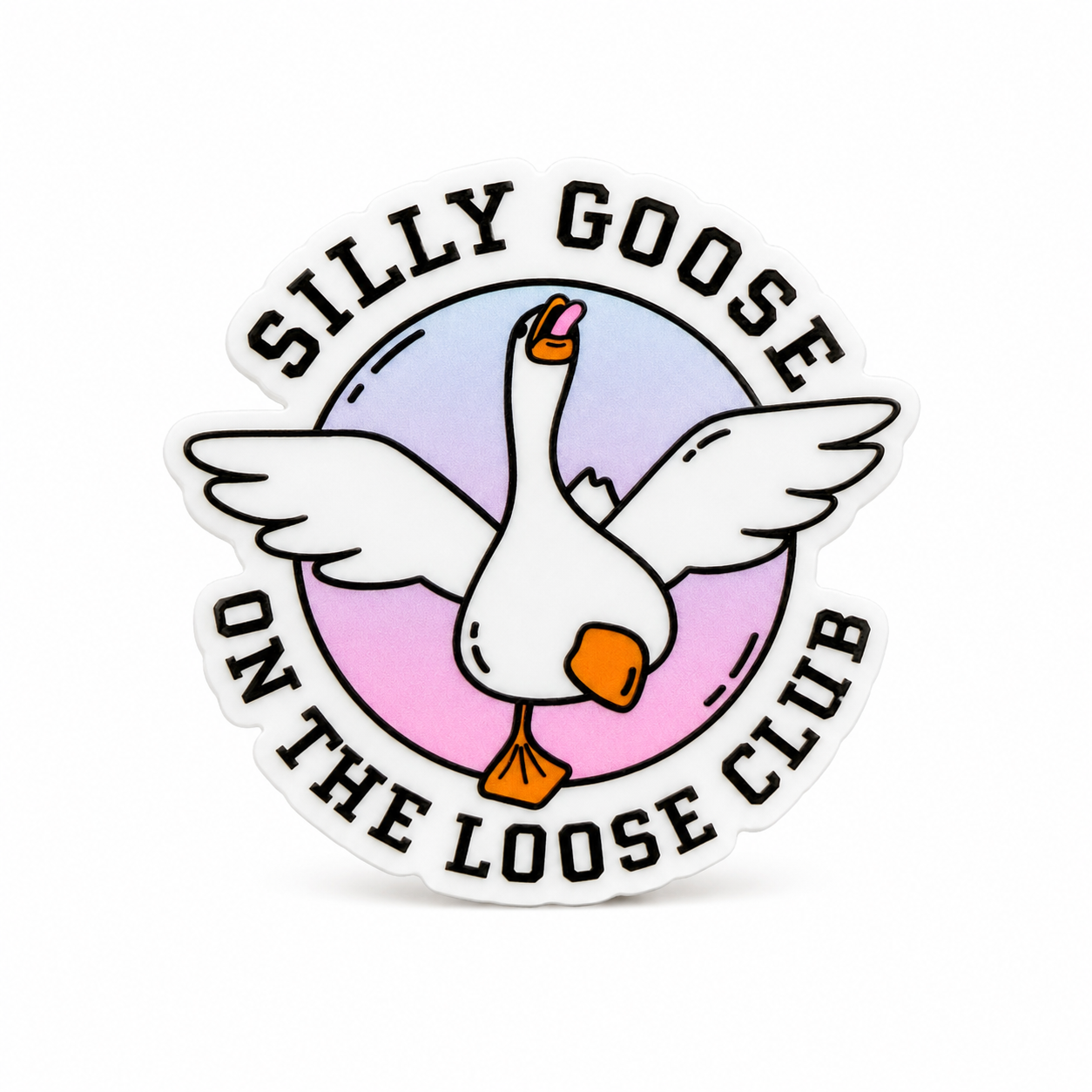 SILLY GOOSE ON THE LOOSE CLUB plastic add-on with a white goose and pastel background, compatible with interchangeable badge reel bases for goose lovers