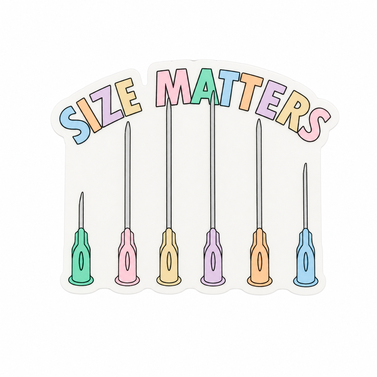 SIZE MATTERS plastic add-on with colorful needles and pastel lettering, compatible with interchangeable badge reel bases for healthcare professionals.