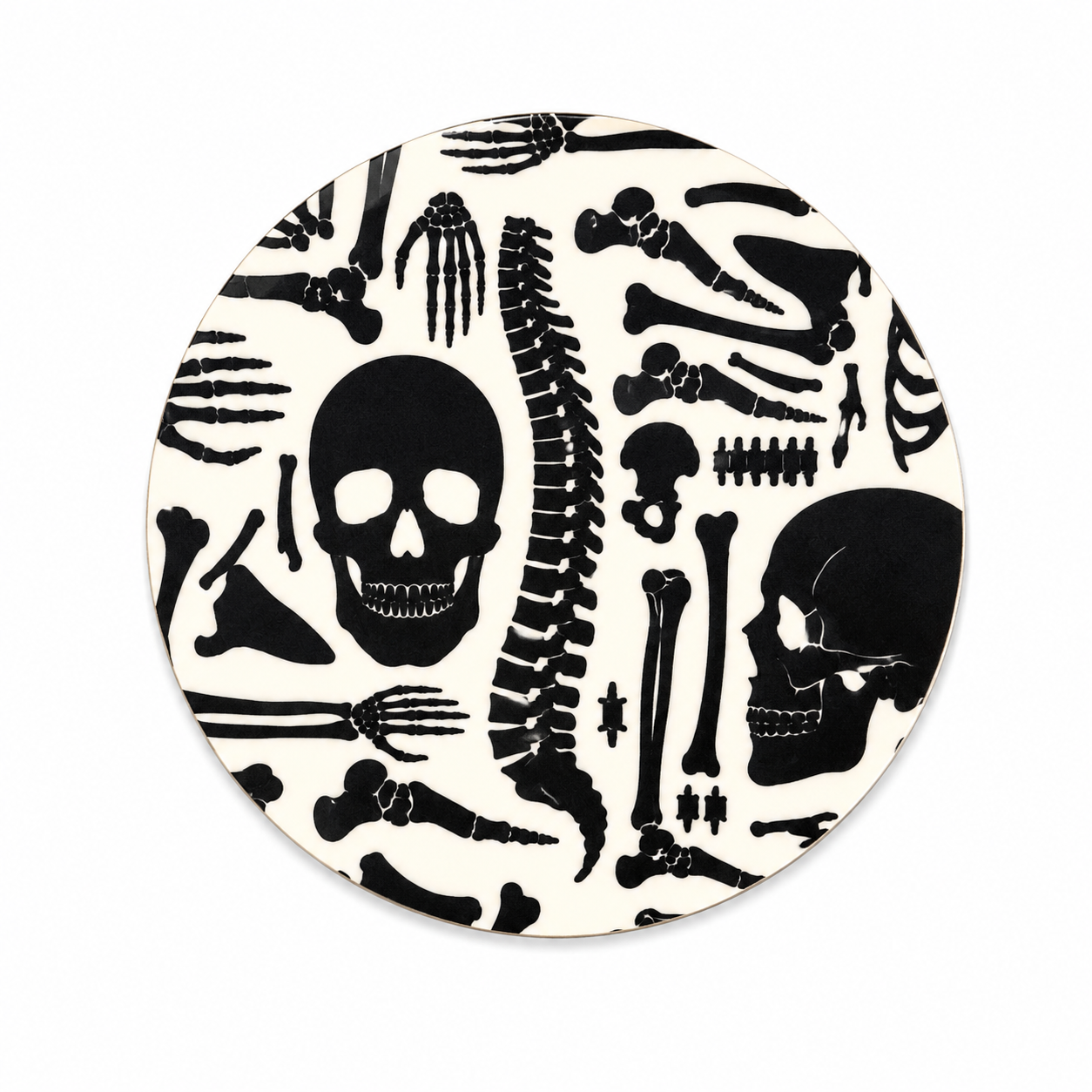 Skeleton bones hard board add-on with black-and-white skulls, spine, hands, feet, and assorted bones, compatible with interchangeable badge reel bases for orthopedic professionals and occupational therapists.