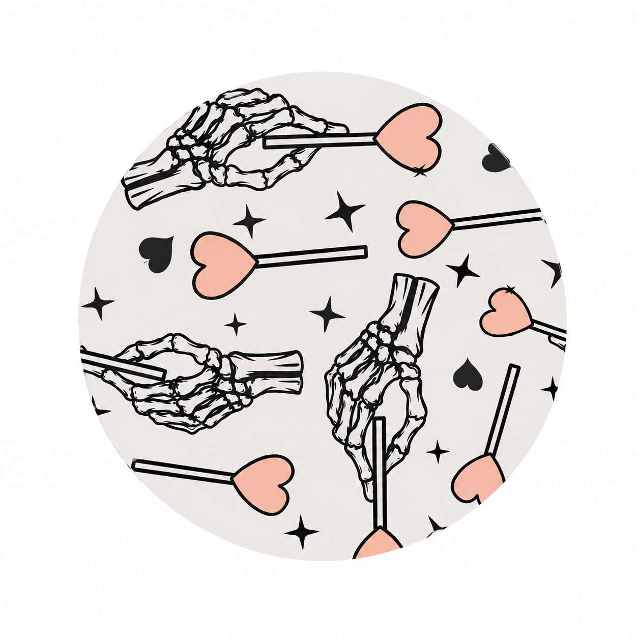 Skeleton Hands & Hearts hard board add-on featuring skeleton hands, pink hearts, black hearts, and stars, compatible with interchangeable badge reel bases.