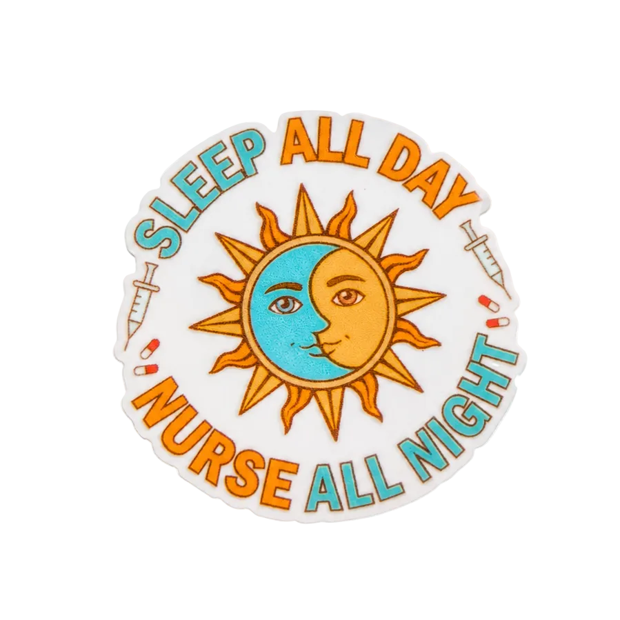 Sleep All Day Nurse All Night plastic add-on with sun, moon, and syringe details, funny nurse accessory compatible with interchangeable badge reel bases.