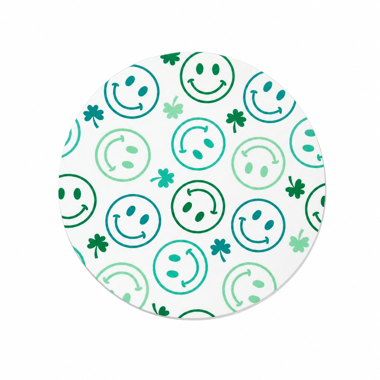 Smile shamrock hard board add-on featuring green smiley faces and clovers, compatible with interchangeable badge reel bases for St. Patrick’s Day lovers.