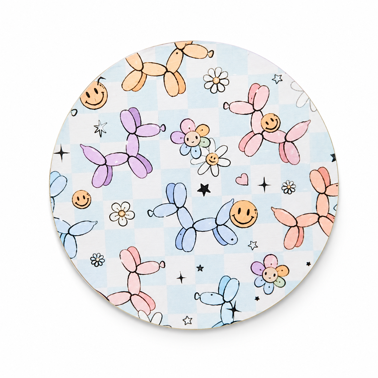 Pastel balloon dog hard board add-on featuring colorful balloon animals, smiley faces, flowers, hearts, and stars, compatible with interchangeable badge reel bases.