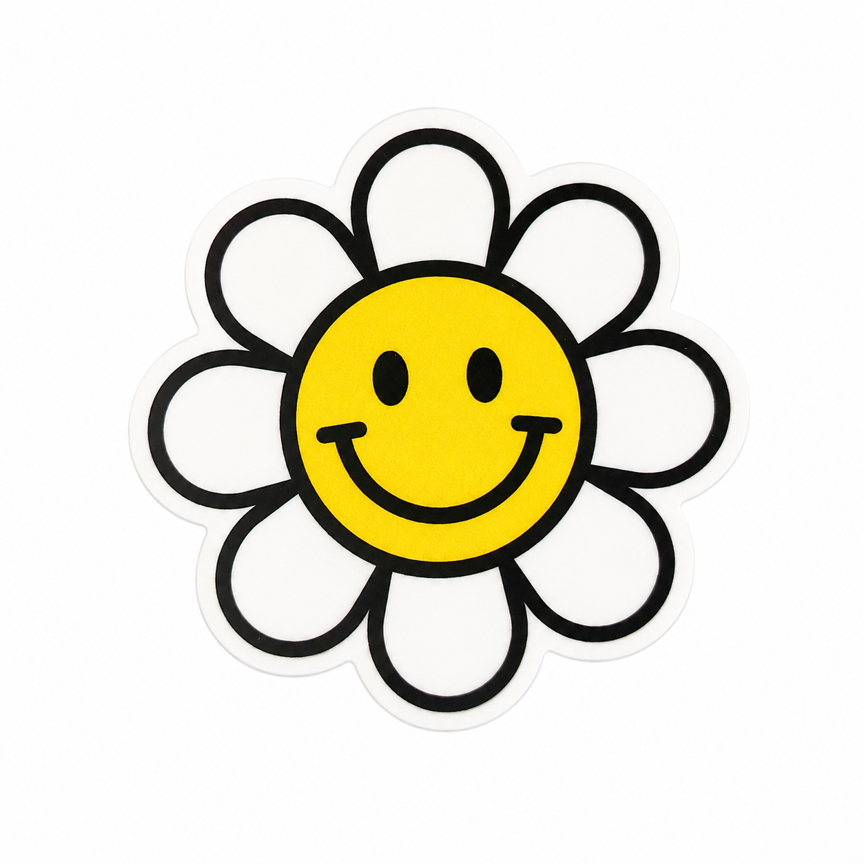 Smiley daisy plastic add-on with yellow happy face center, white petals, and black outline, compatible with interchangeable badge reel bases.