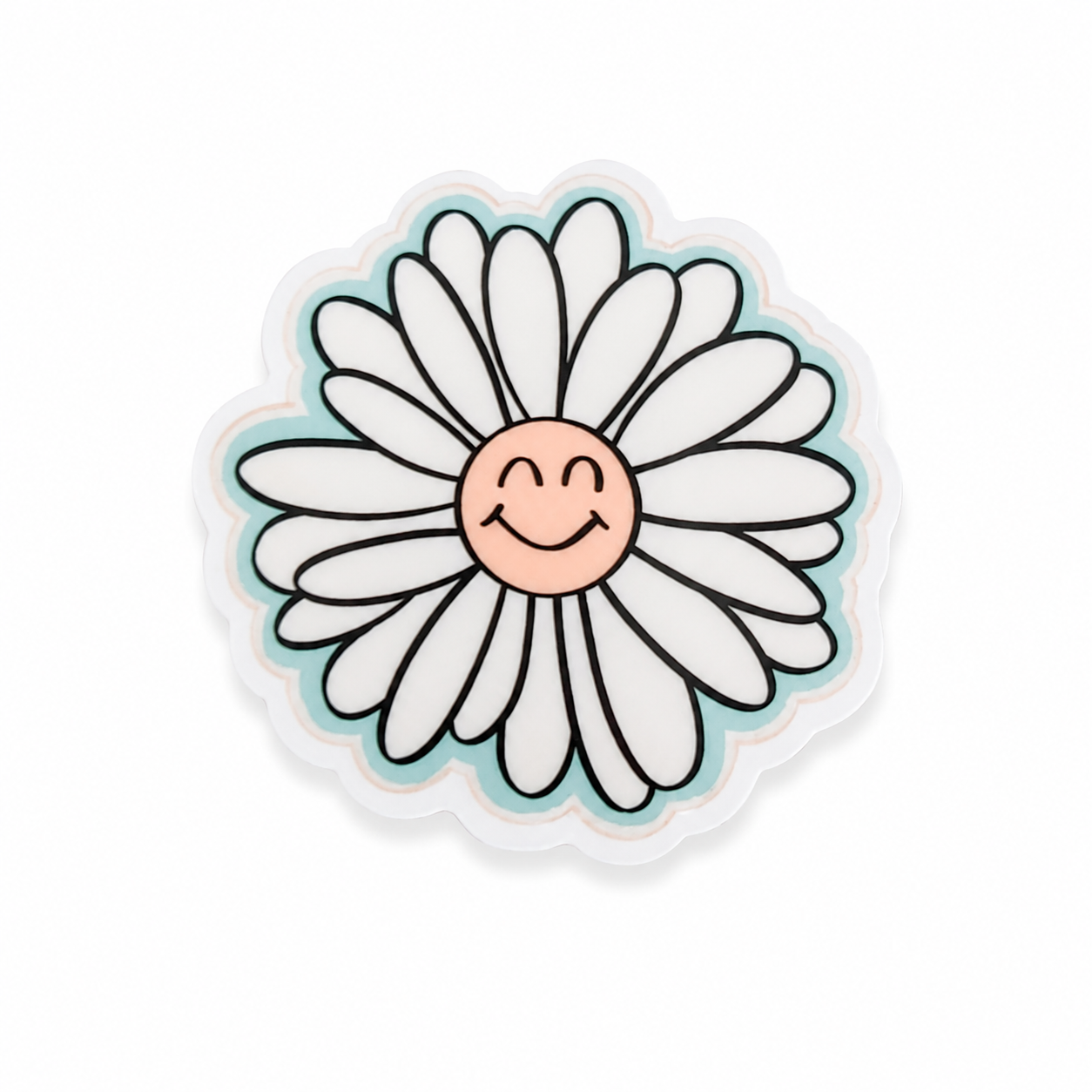 Smiley Daisy plastic add-on featuring a happy white daisy flower with a smiling face, compatible with interchangeable badge reel bases.