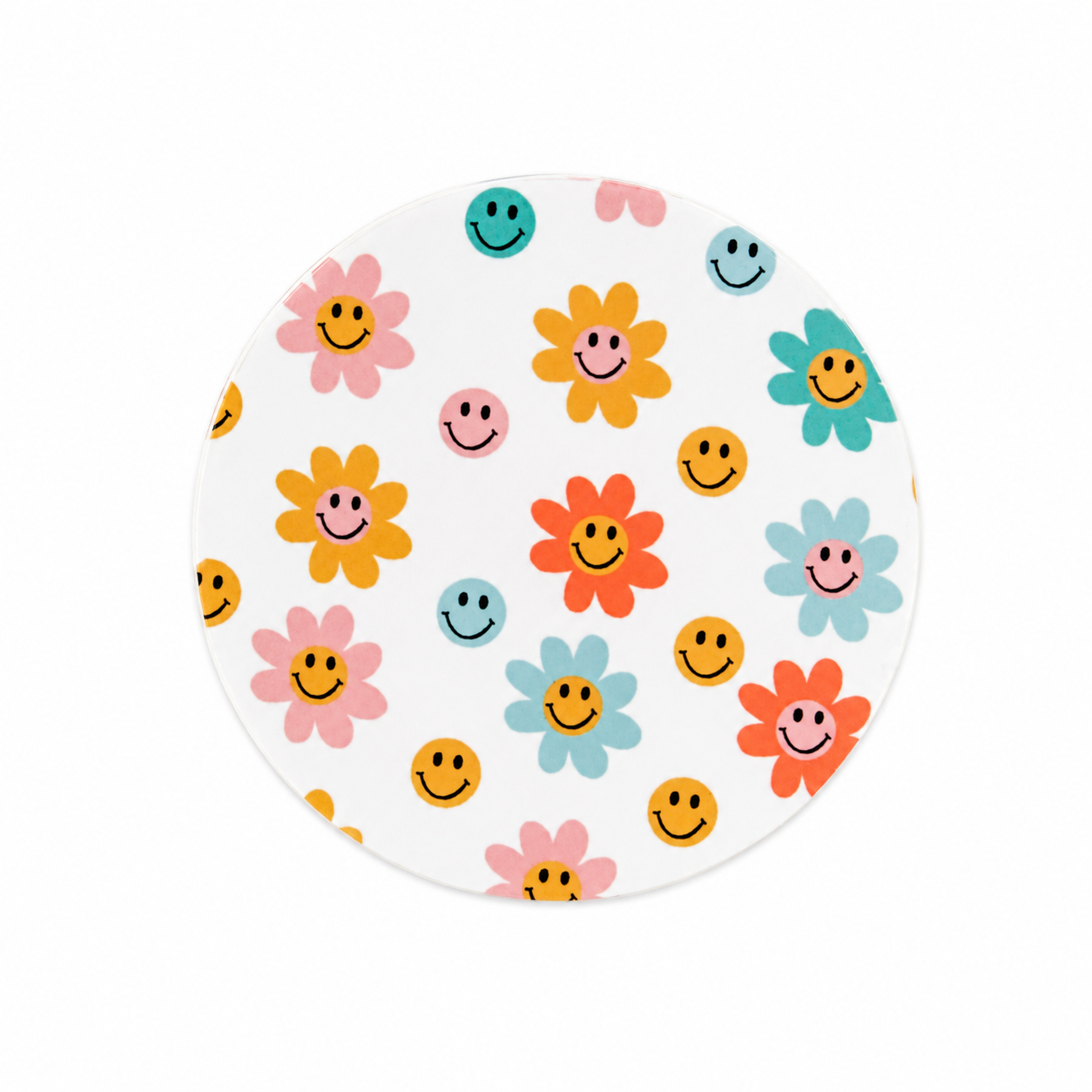 Smiley Flowers hard board add-on featuring colorful smiling flowers and happy faces in pastel retro colors, compatible with interchangeable badge reel bases.