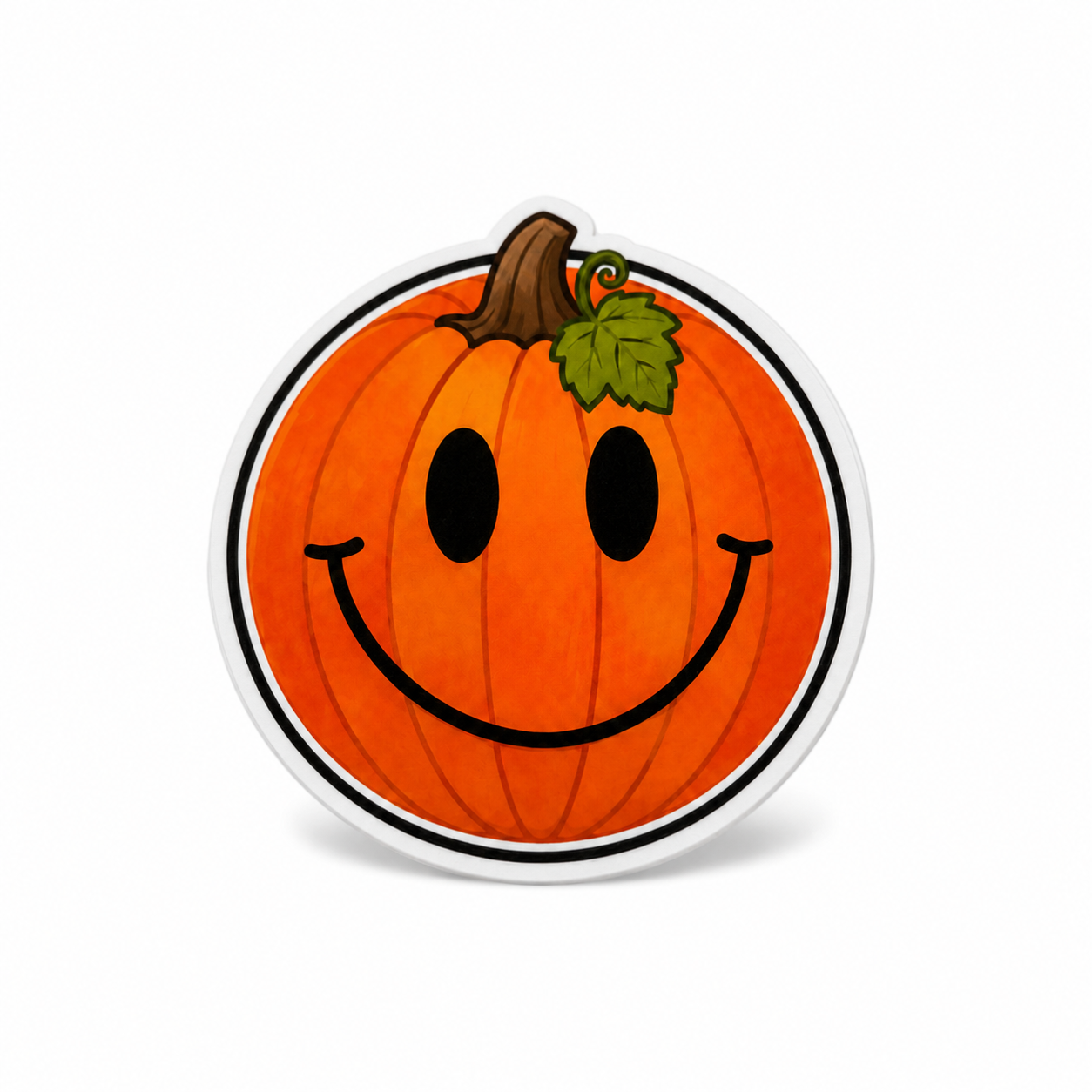 Smiley Pumpkin plastic add-on with orange pumpkin, green leaf, and happy face, compatible with interchangeable badge reel bases.