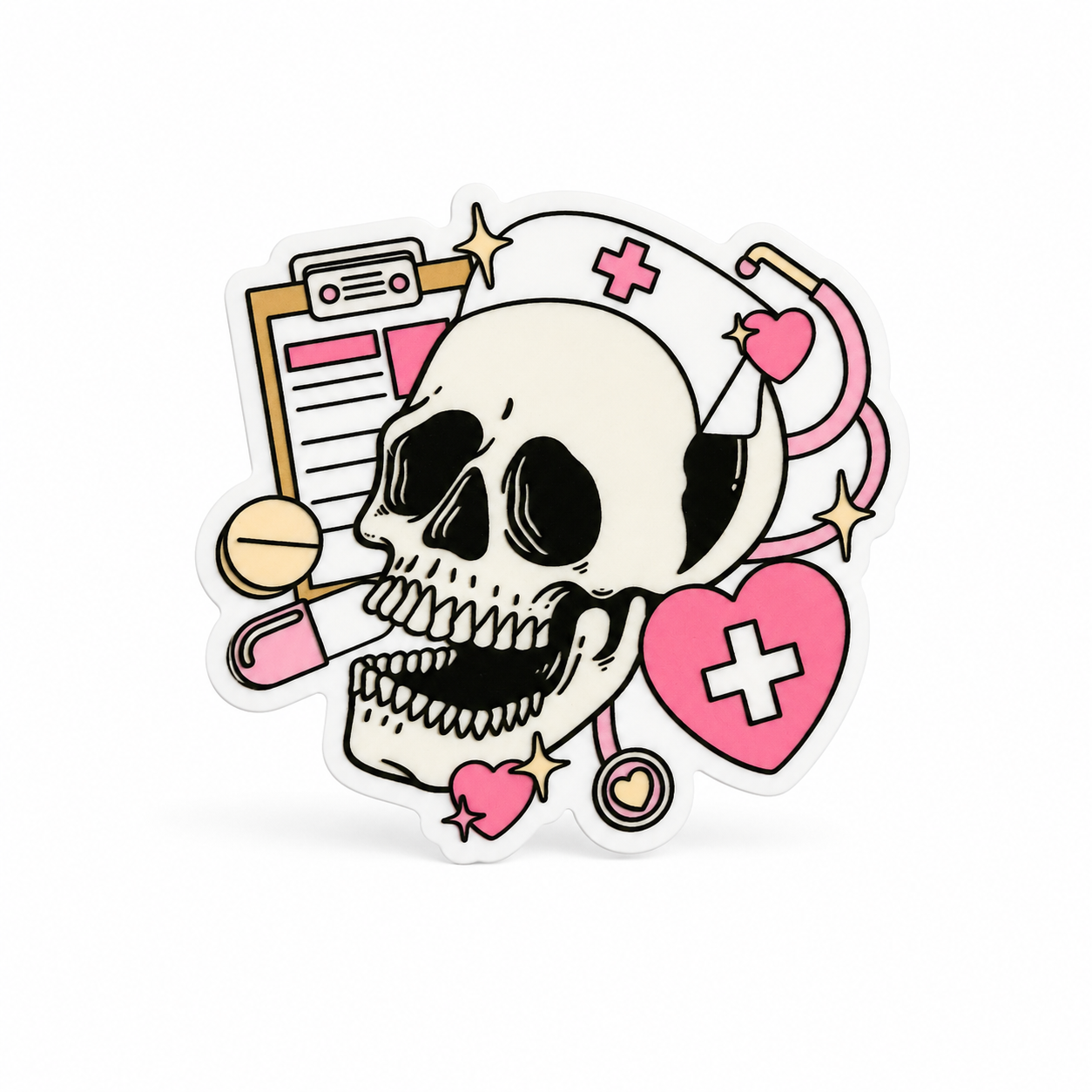 Skull nurse plastic add-on with a nurse cap, pink medical hearts, crosses, clipboard, and stethoscope, compatible with interchangeable badge reel bases.