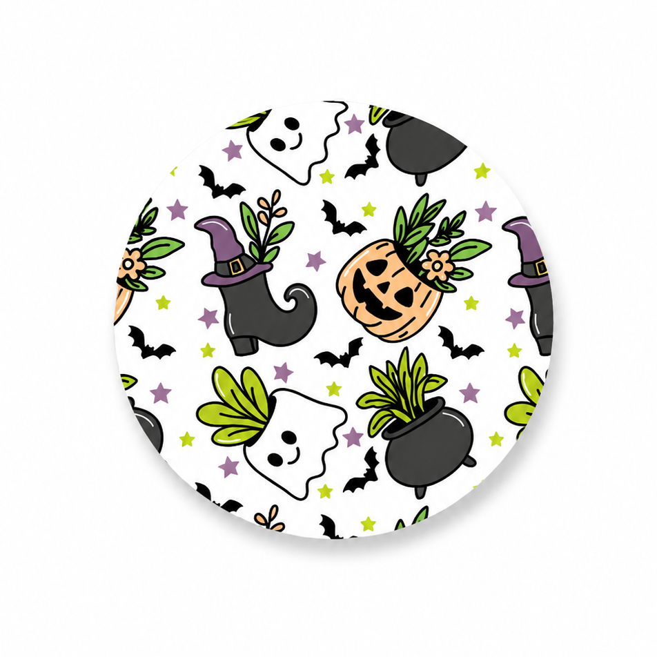 Spooky Plants hard board add-on featuring ghost plants, witch hat planters, jack-o'-lantern flower pots, cauldrons, bats, stars, and flowers. Compatible with interchangeable badge reel bases.