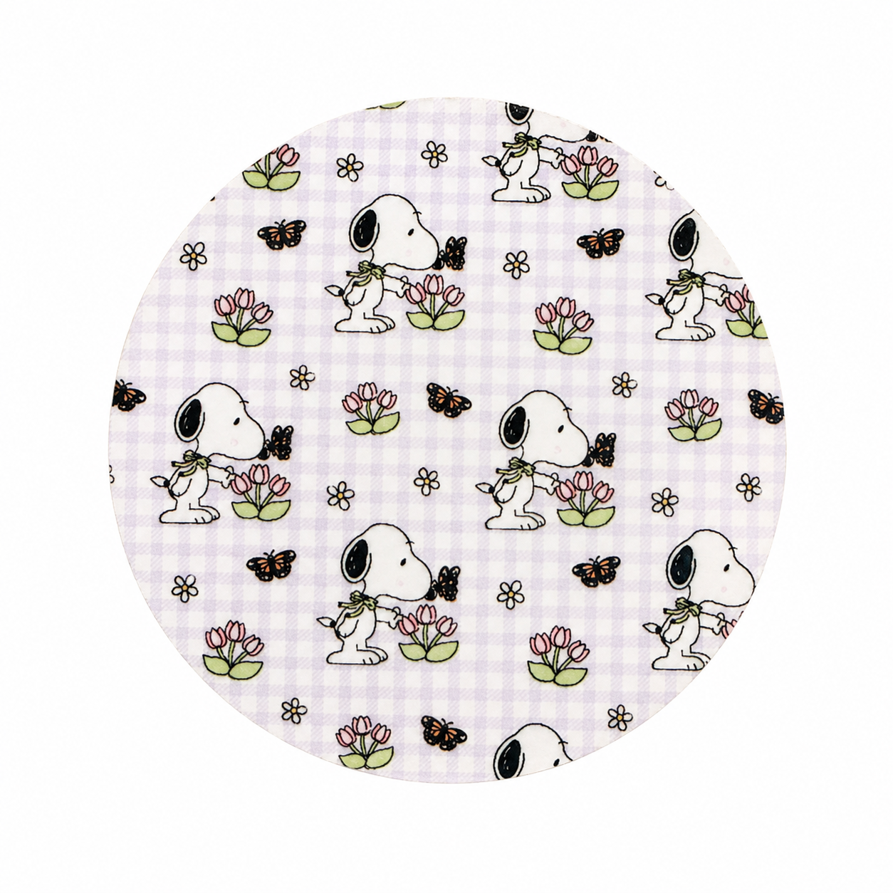 Spring Snoopy hard board add-on featuring Snoopy with pink tulips, butterflies, daisy flowers, and a lavender gingham background, compatible with interchangeable badge reel bases.