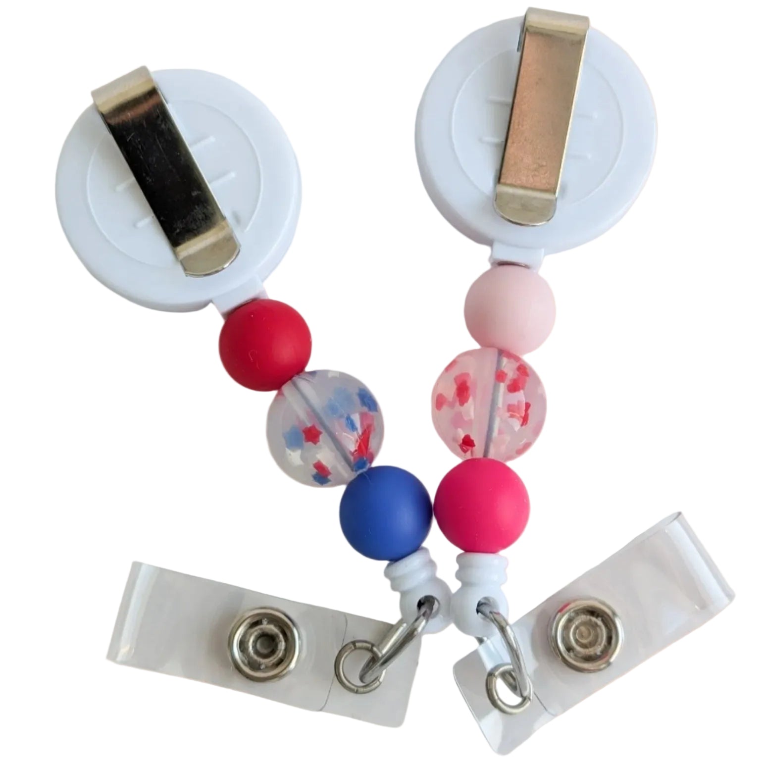 Stars & Sparkle interchangeable beaded badge reel available in patriotic red and blue or pink and red with festive confetti beads and a retractable badge holder.