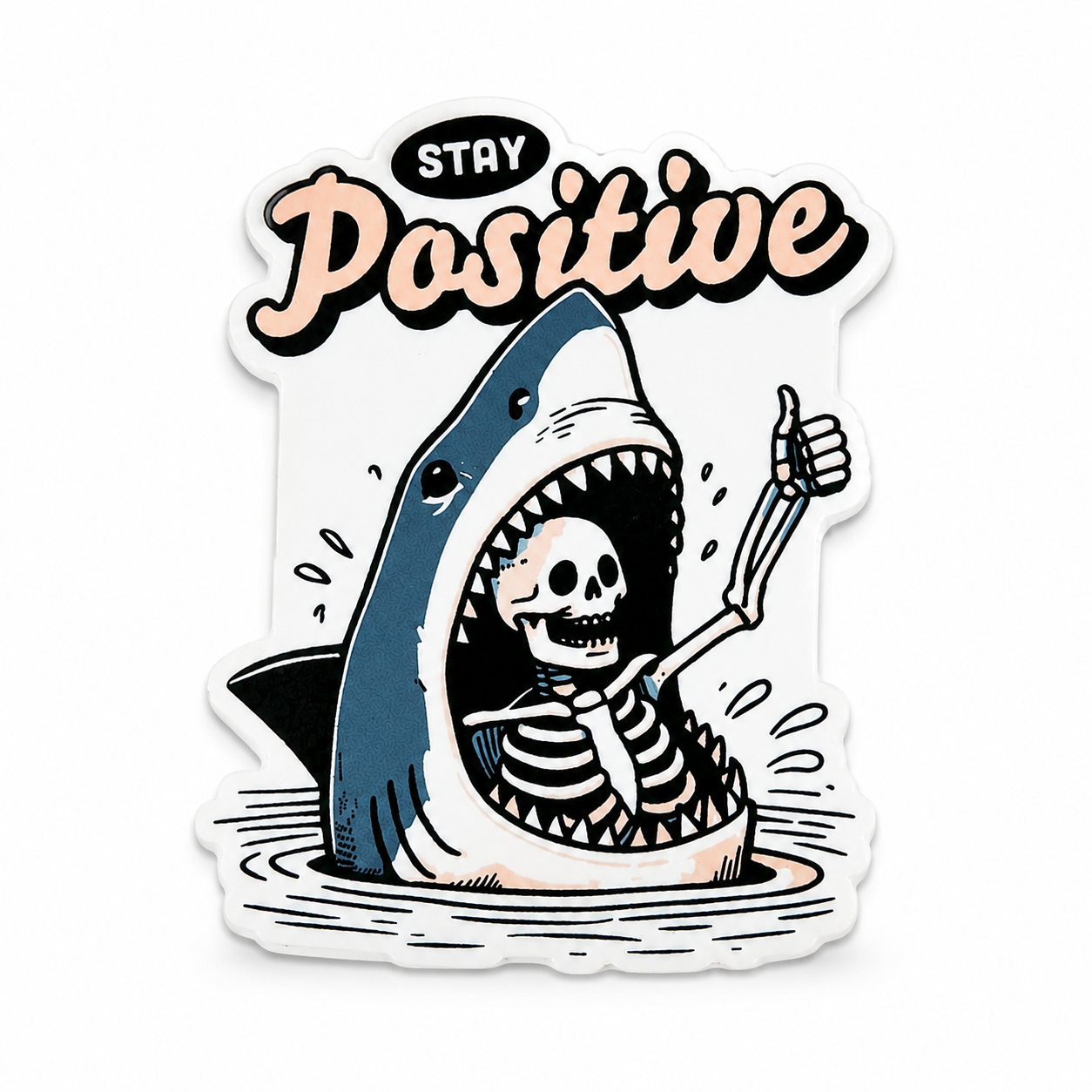 Stay Positive plastic add-on featuring a skeleton giving a thumbs up inside a shark's mouth, compatible with interchangeable badge reel bases and ideal as a funny nurse badge accessory and healthcare worker accessory