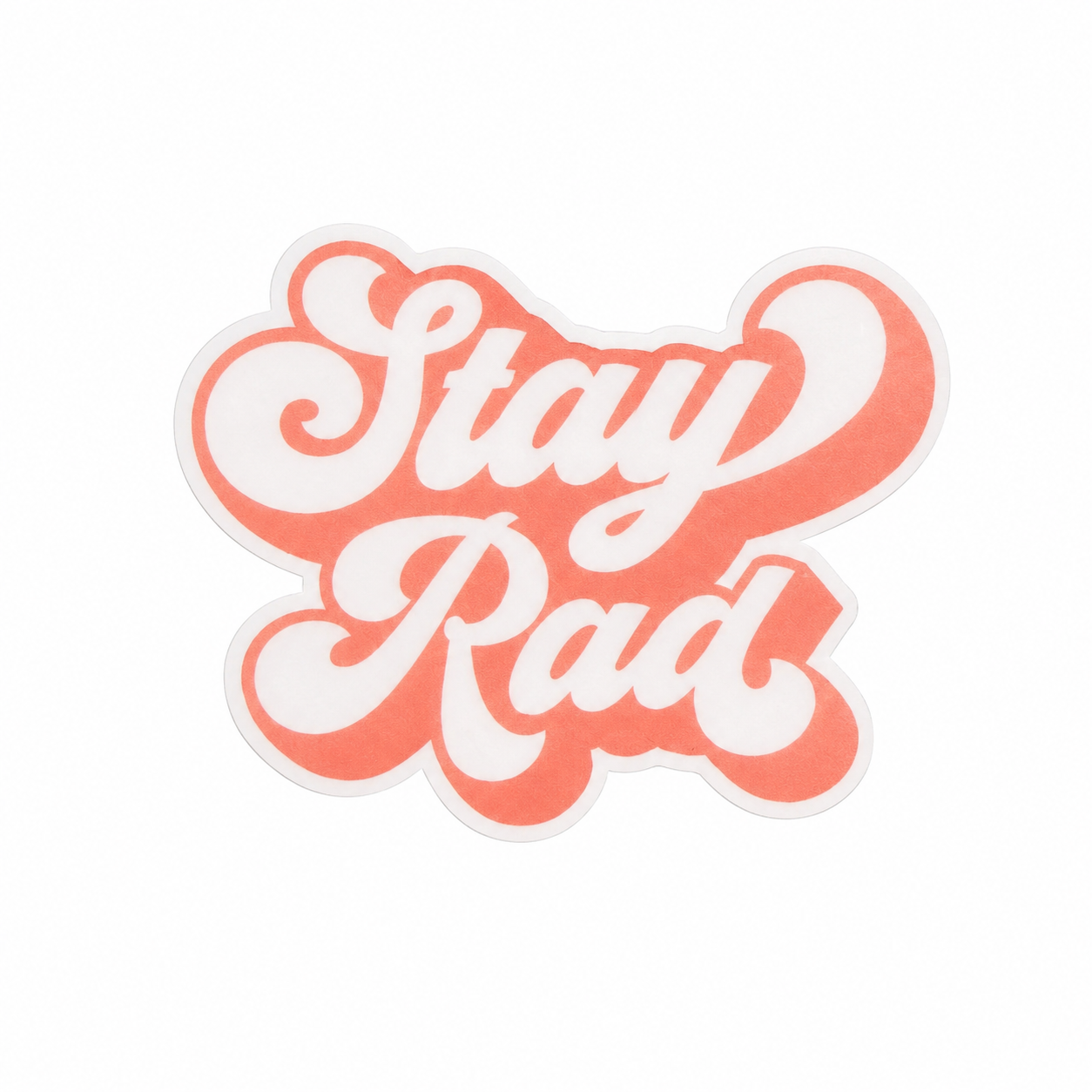 Stay Rad plastic add-on with coral retro script lettering, compatible with interchangeable badge reel bases for positive vibes accessory use.