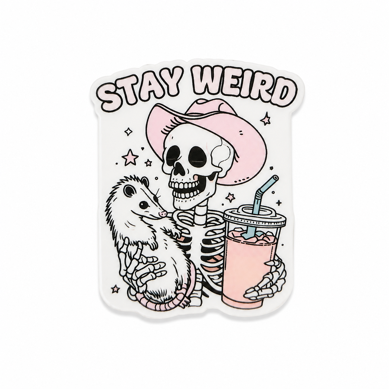 STAY WEIRD plastic add-on featuring a skeleton in a pink cowboy hat holding an opossum and drink, compatible with interchangeable badge reel bases, cute spooky animal lover accessory