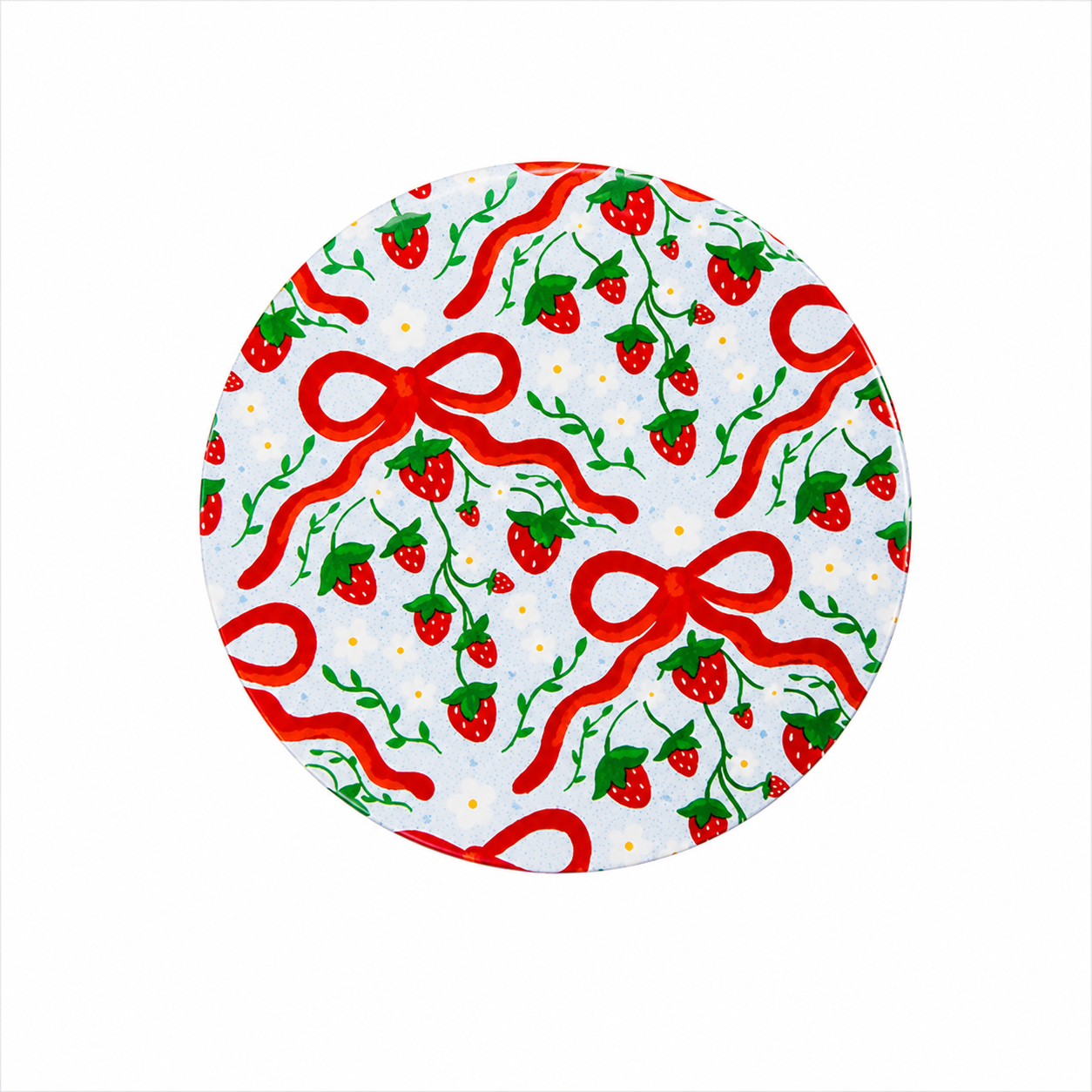 Strawberry and Bows hard board add-on featuring red strawberries, ribbon bows, vines, and floral accents, compatible with interchangeable badge reel bases.