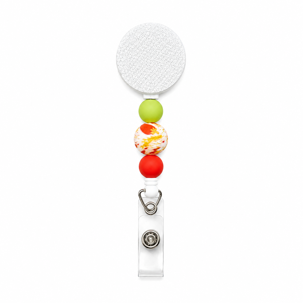 Strawberry Fields beaded badge reel featuring a strawberry print bead with green and red silicone beads, retractable badge reel, and clear badge holder attachment.