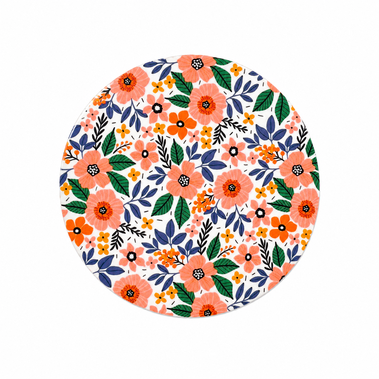 Orange floral hard board add-on featuring peach and coral flowers with navy, purple, and green leaves, compatible with interchangeable badge reel bases.