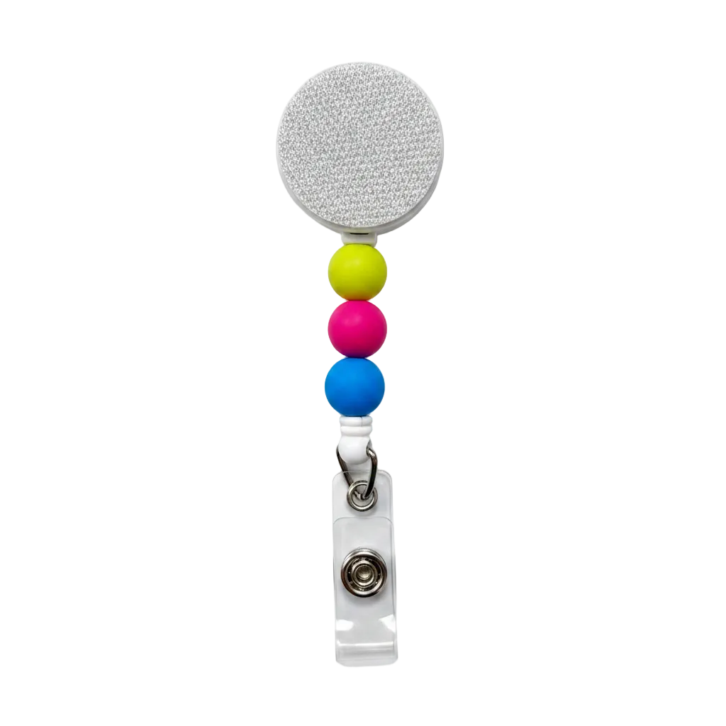Summer Fun beaded badge reel featuring neon yellow, hot pink, and bright blue silicone beads with a retractable badge reel and clear badge holder attachment.
