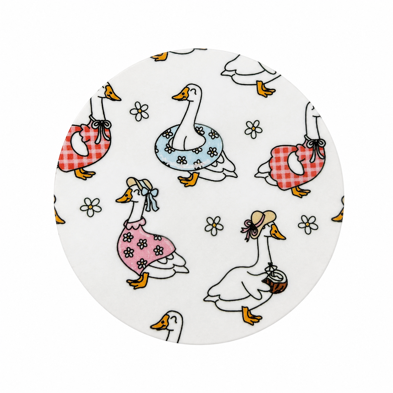 Summer Geese hard board add-on featuring adorable geese wearing floral outfits, gingham dresses, sun hats, picnic baskets, and swim floats, compatible with interchangeable badge reel bases.